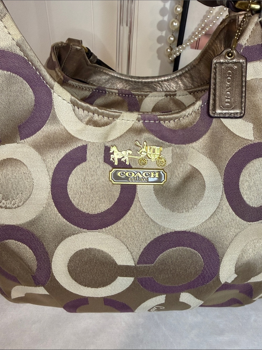 Coach Op Art Glam C1276-19844 Purple Satin Lined Metallic Bronze Shoulder Bag - Picture 12 of 12